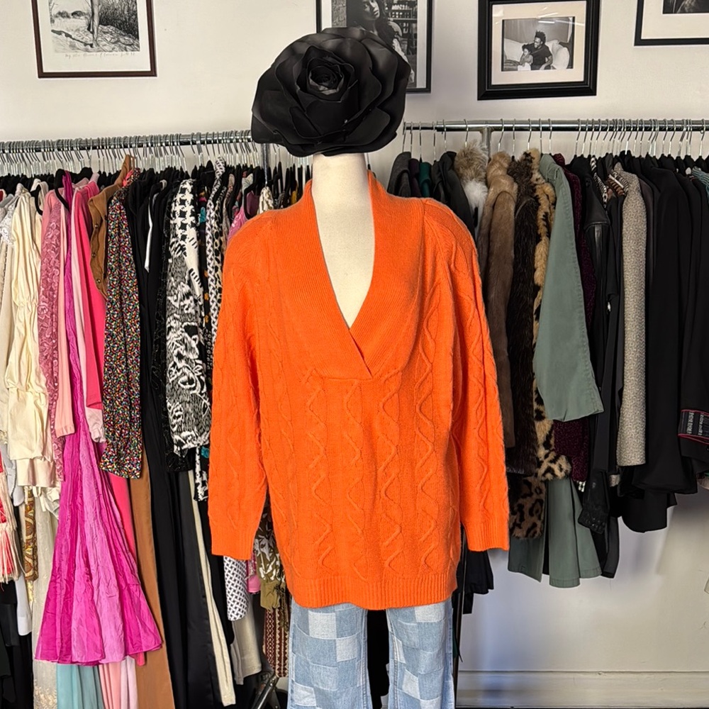 Vintage Aziza Orange V-Neck Women's Sweater